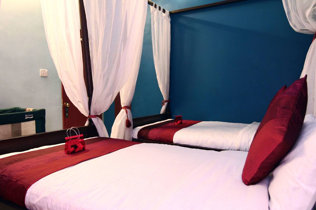 A hotel room with two beds, white bedding, red pillows, and a blue wall.