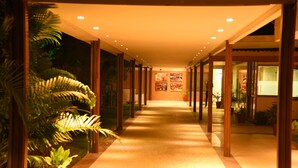 Un pasillo bien iluminado con suelo de madera, plantas en macetas y cuadros en las paredes.