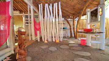 Panoramic Bungalow, Oceanfront | Bathroom | Shower, rainfall showerhead, towels, soap