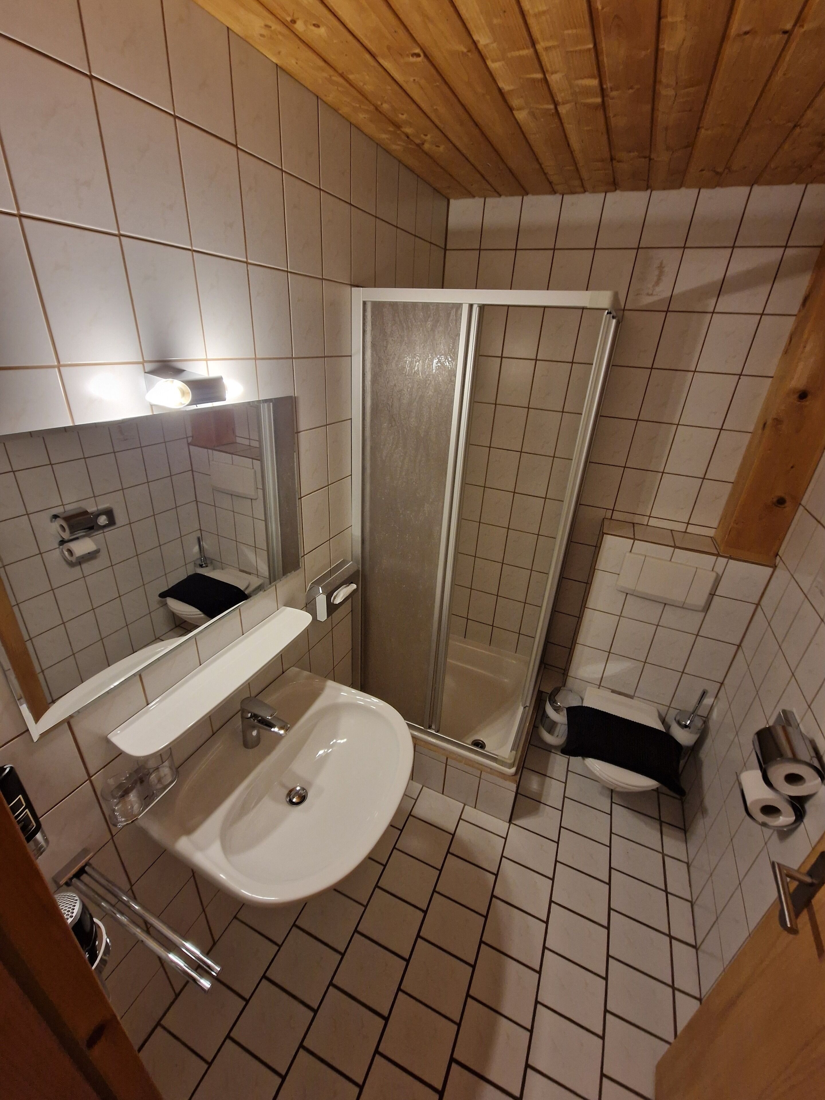 Un baño con lavamanos, espejo, inodoro y ducha.