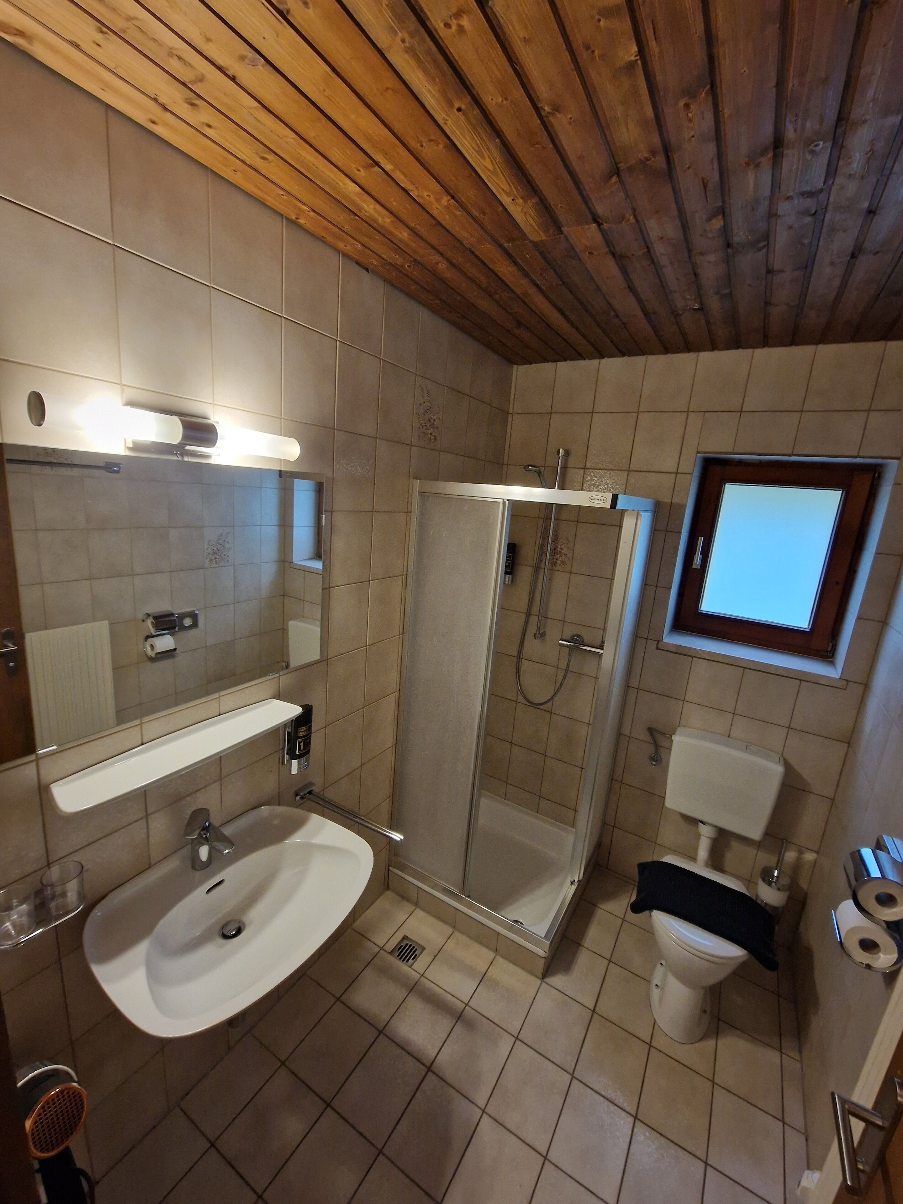 Ein Badezimmer mit Holzboden, einem weißen Waschbecken, einer Duschkabine aus Glas und einer Toilette.