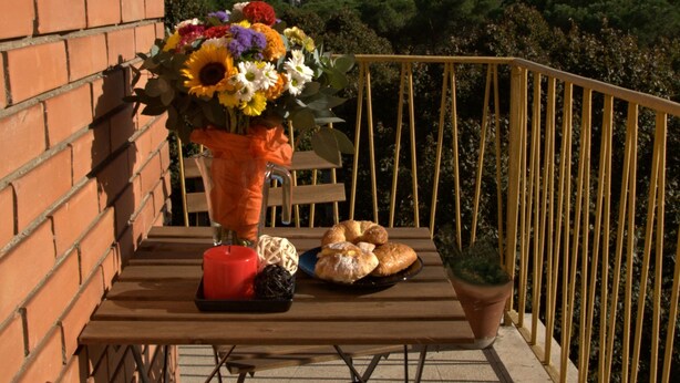 A balcony with a table, a bench, a vase of flowers, and a view of the sky and trees. - Movie Home B&B (Rome)