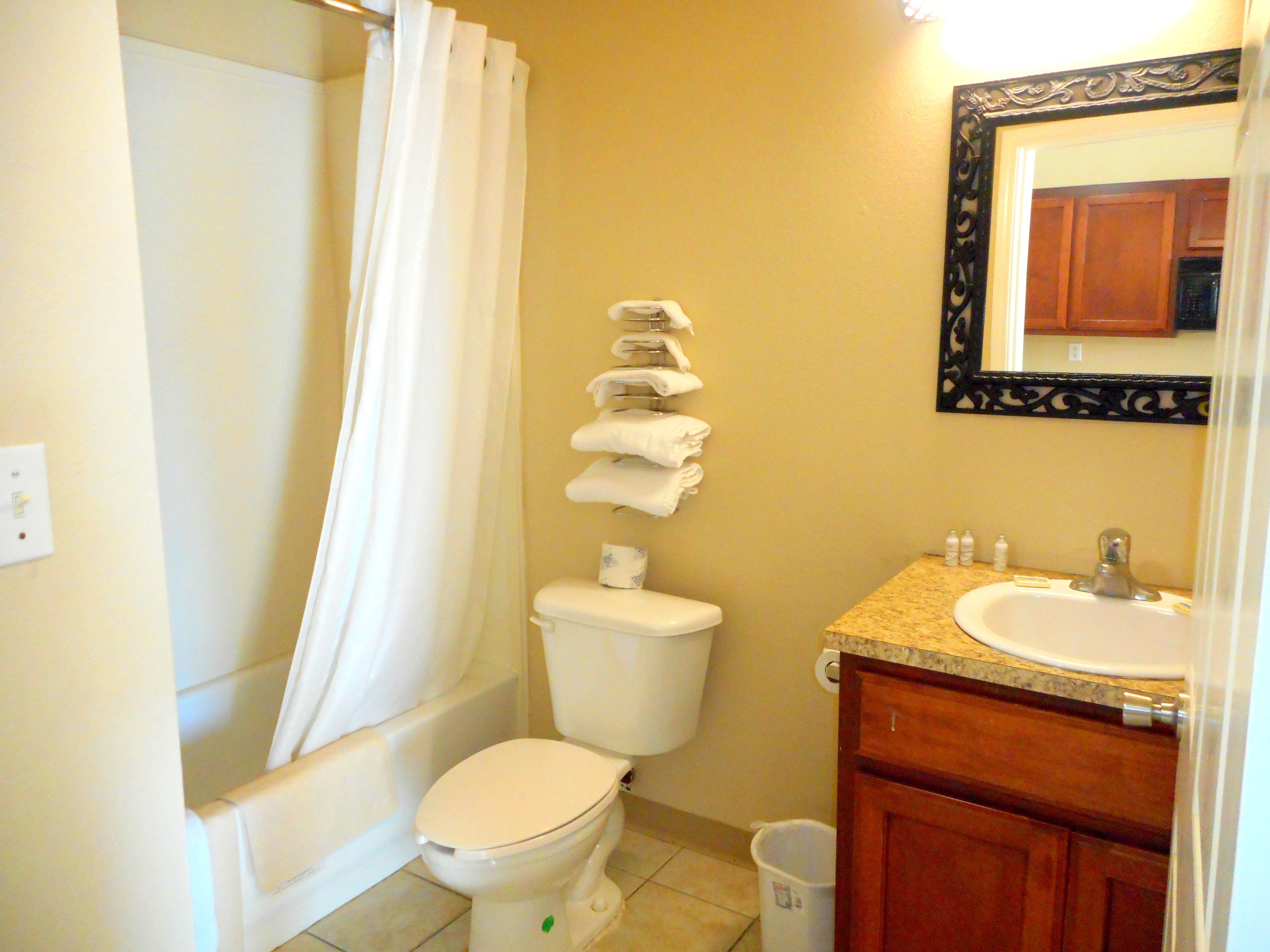 Combined shower/bathtub, free toiletries, towels