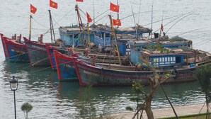 Un muelle con varios barcos, algunos con banderas rojas, y un farol en primer plano.