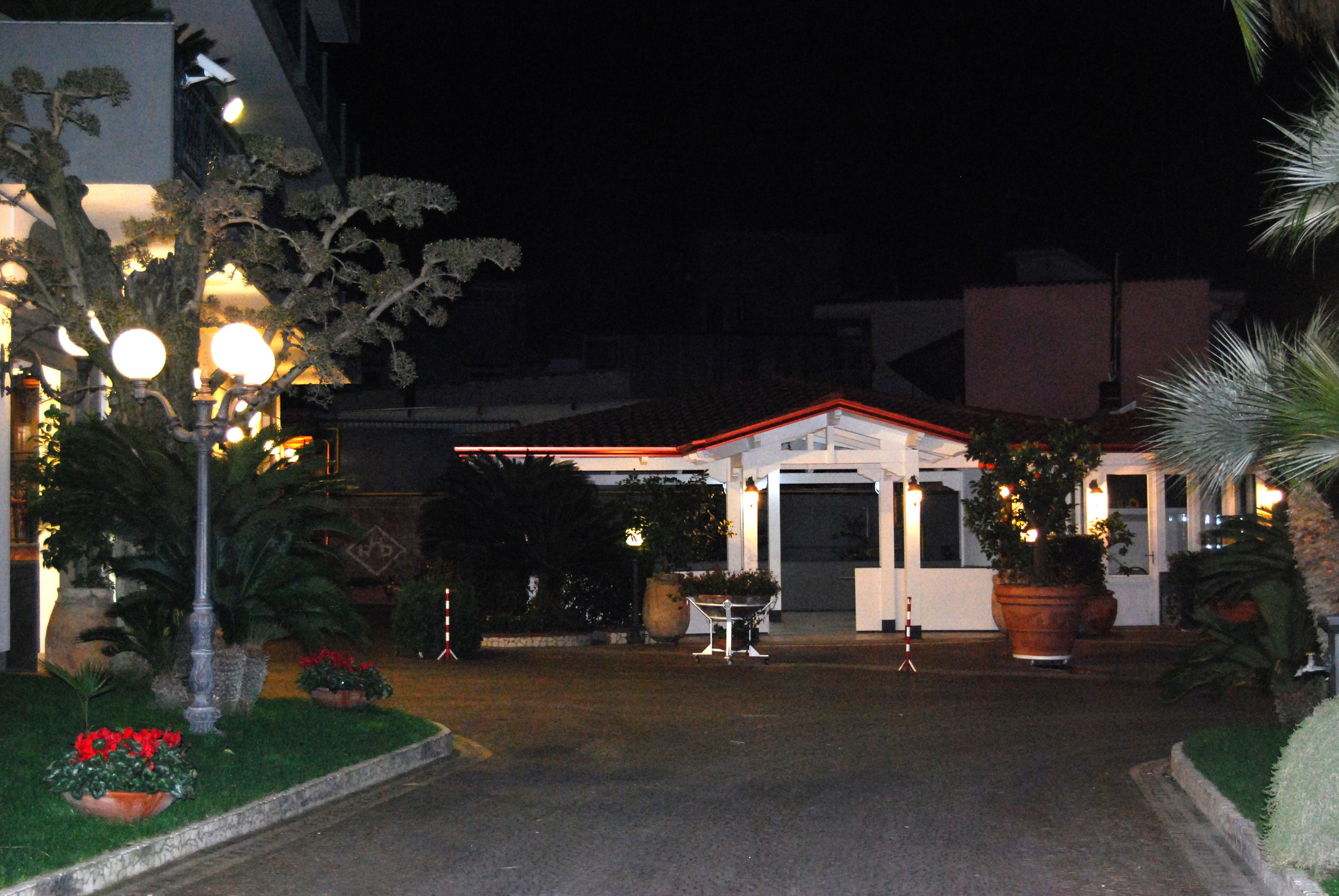 L’entrée d’un hôtel la nuit, avec une façade bien éclairée, un espace d’attente abrité et des plantes en pot.