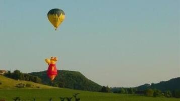 A landscape with a field, a hill, and a hot air balloon in the sky.