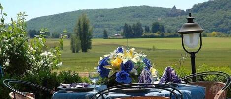 Se sirven desayunos y almuerzos; cocina francesa; con vista a la piscina