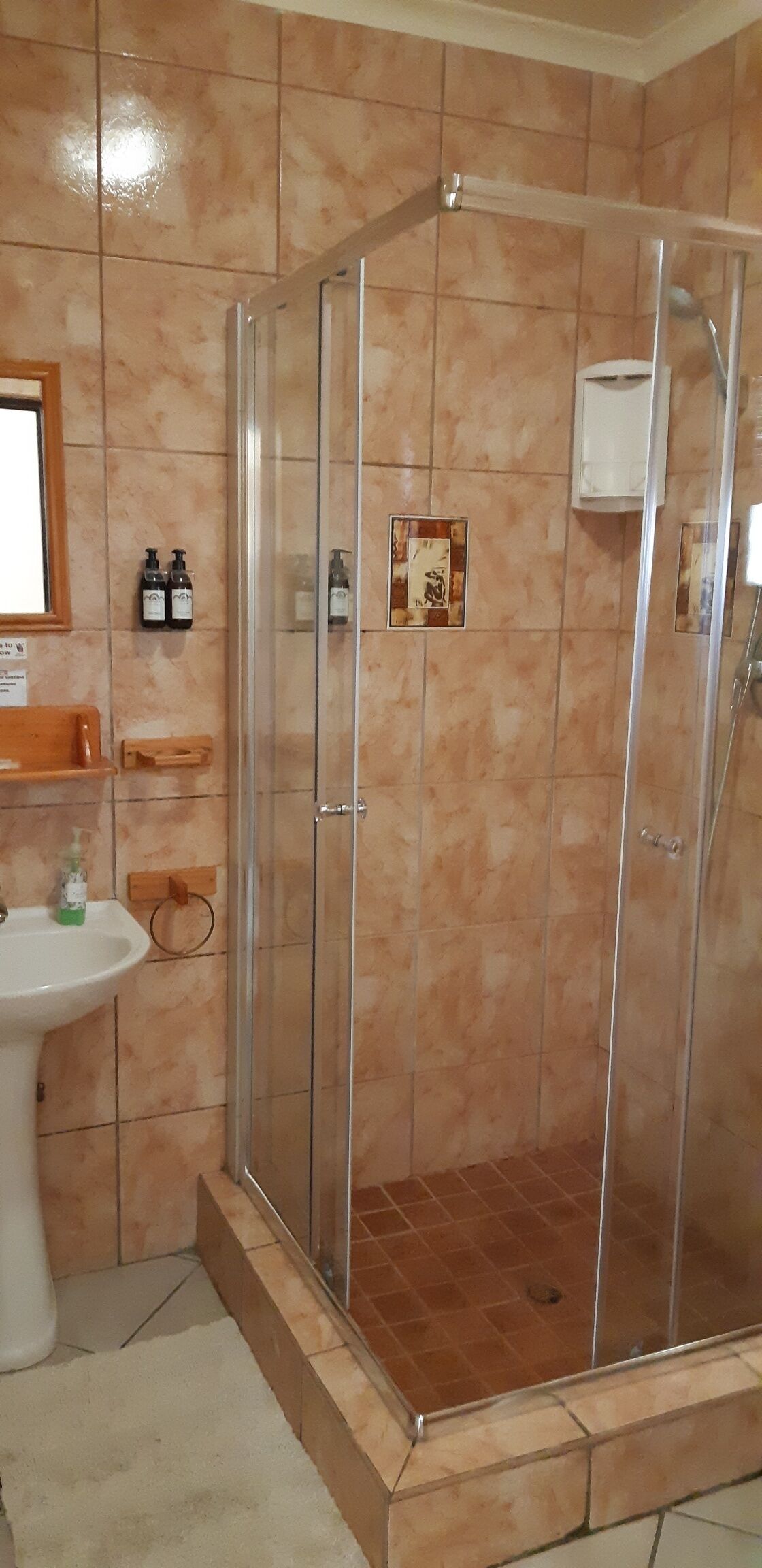 Ein Badezimmer mit Duschkabine, Waschbecken und Spiegel.