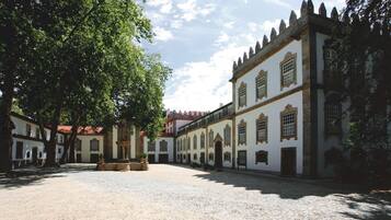 A courtyard with a cobblestone ground, white buildings with arched windows, and a large tree providing shade.
