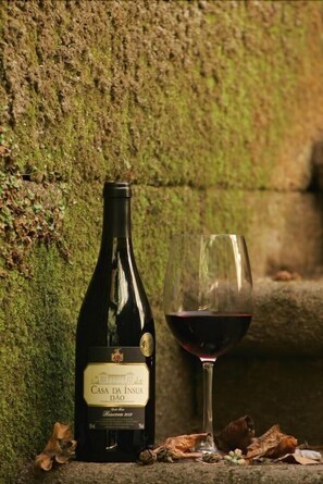 A bottle of Casa da Ínsua Dão wine and a glass of red wine on a stone surface with moss-covered walls. - Parador Casa da Insua (Penalva Do Castelo)