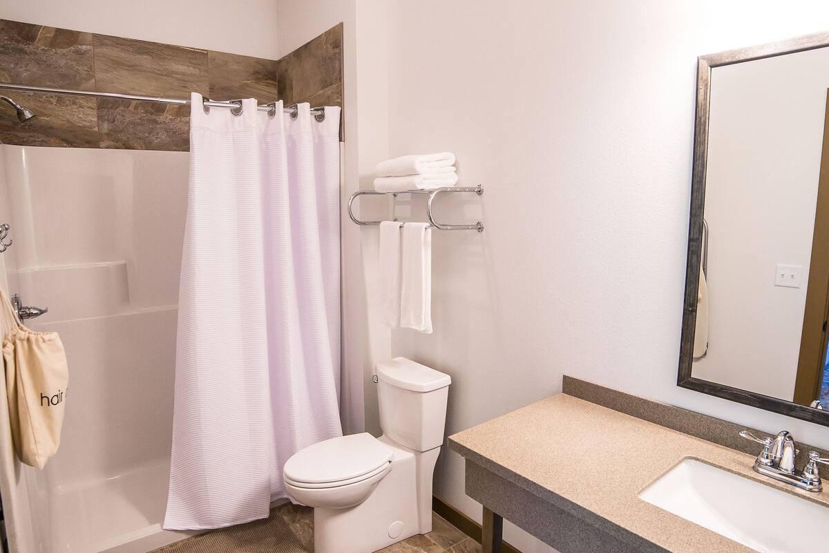 shower, free toiletries, hair dryer, towels