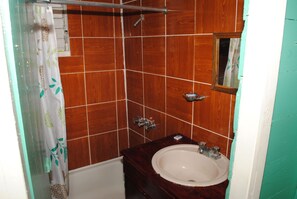 A bathroom with a wooden tiled wall, a white sink, a mirror, and a shower curtain.