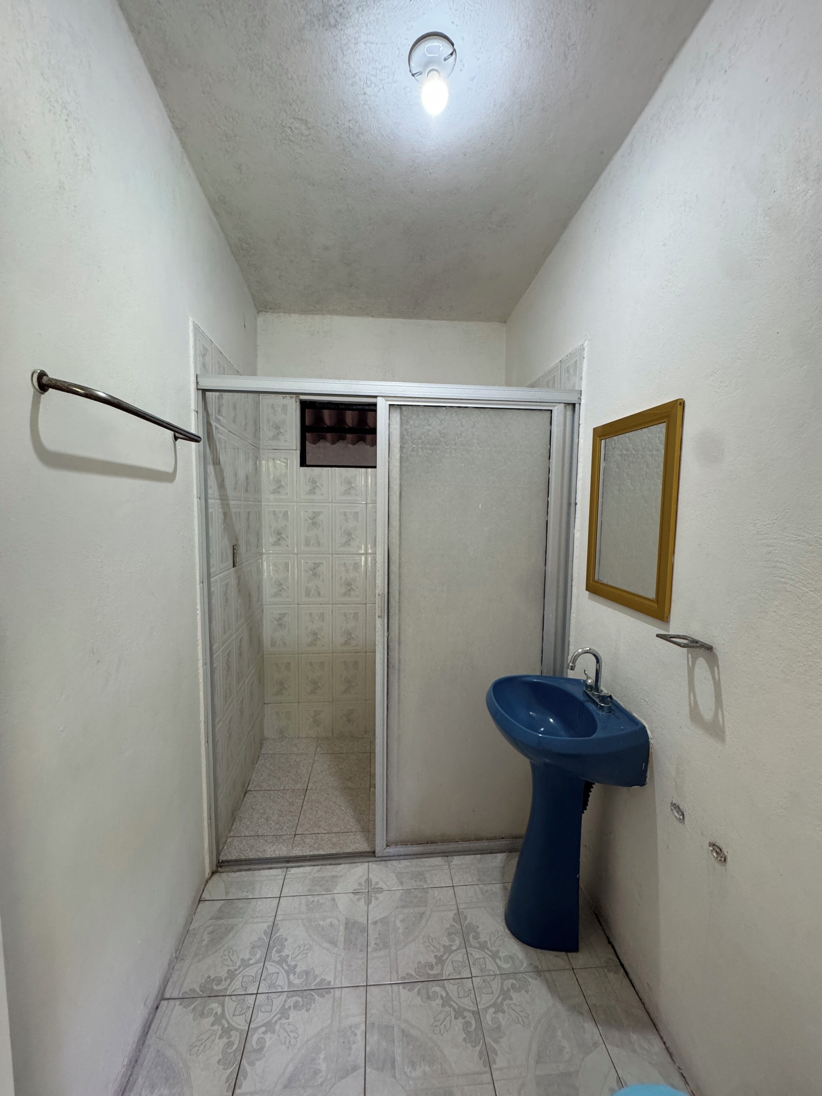 A small bathroom with a shower, a sink, and a mirror.