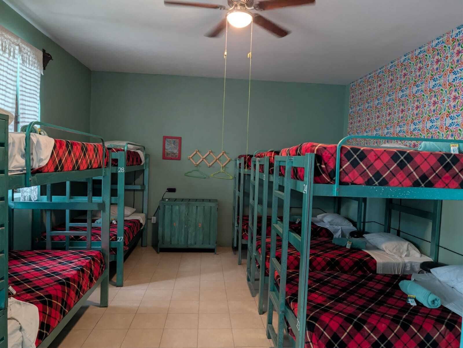 A dormitory room with bunk beds, a ceiling fan, a small cabinet, and a colorful wall pattern.