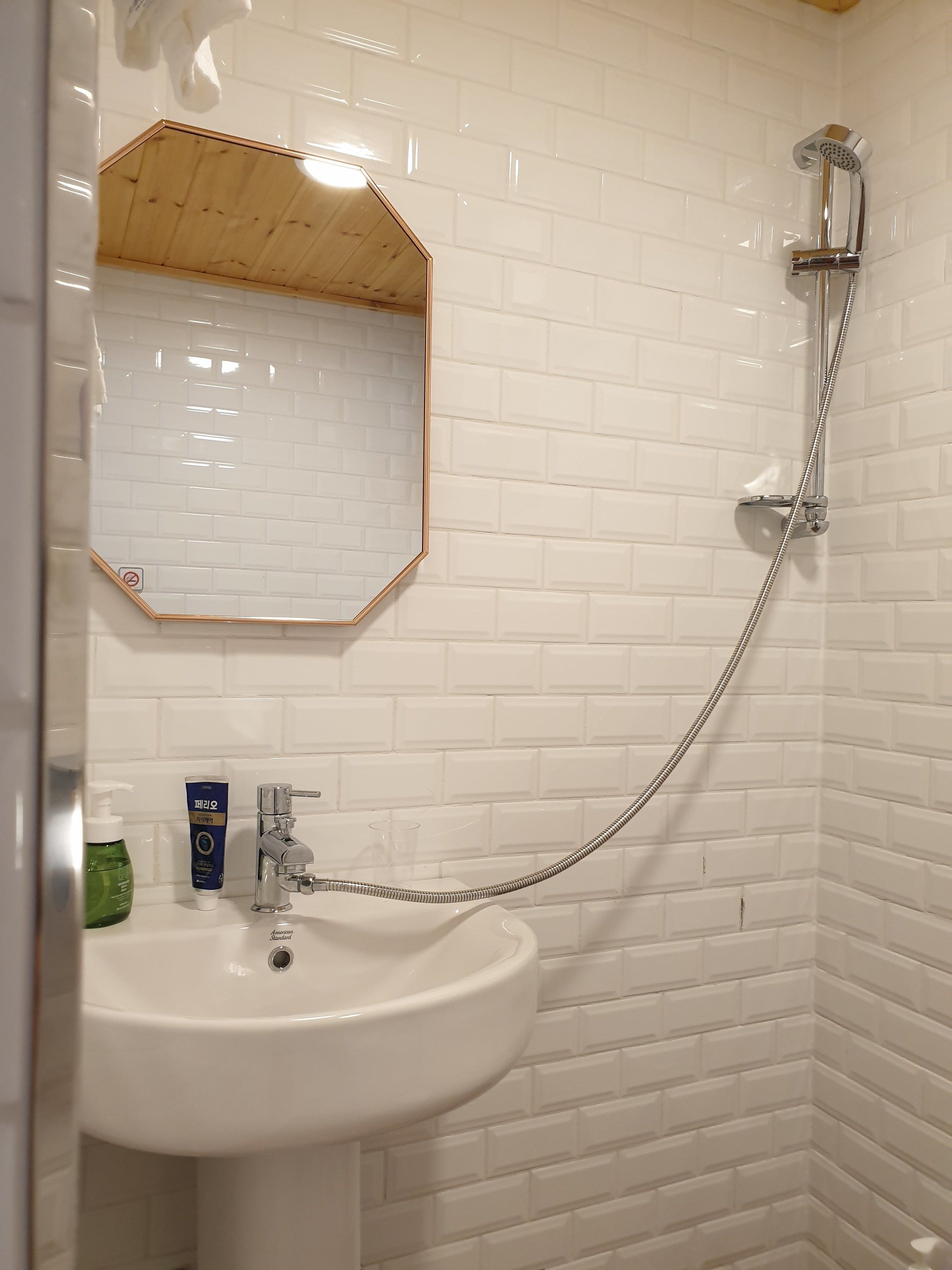 Een badkamer met een witte wastafel, een spiegel en een douche.
