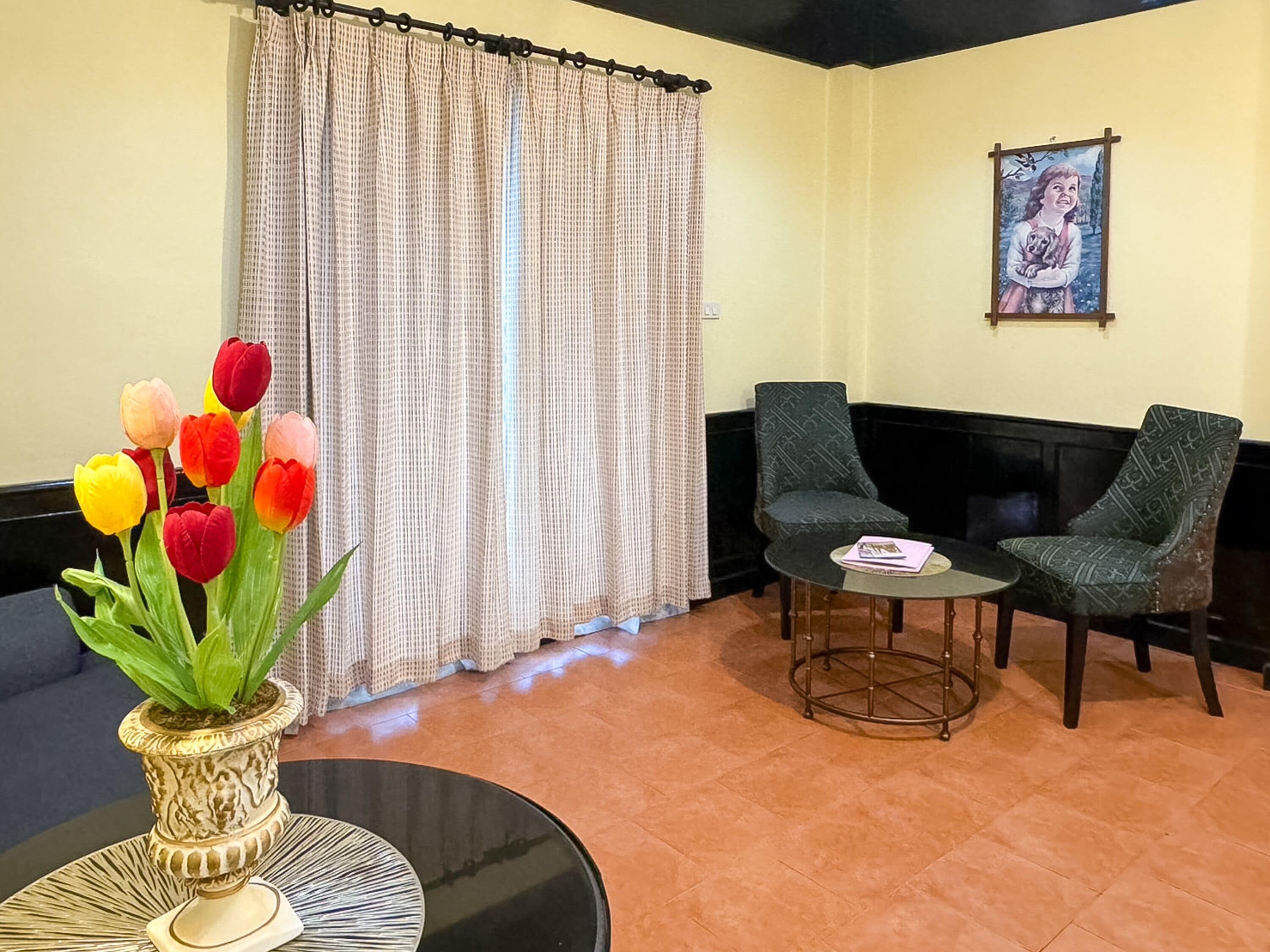A room with a checkered curtain, two armchairs, a small round table with a magazine, and a vase of tulips.
