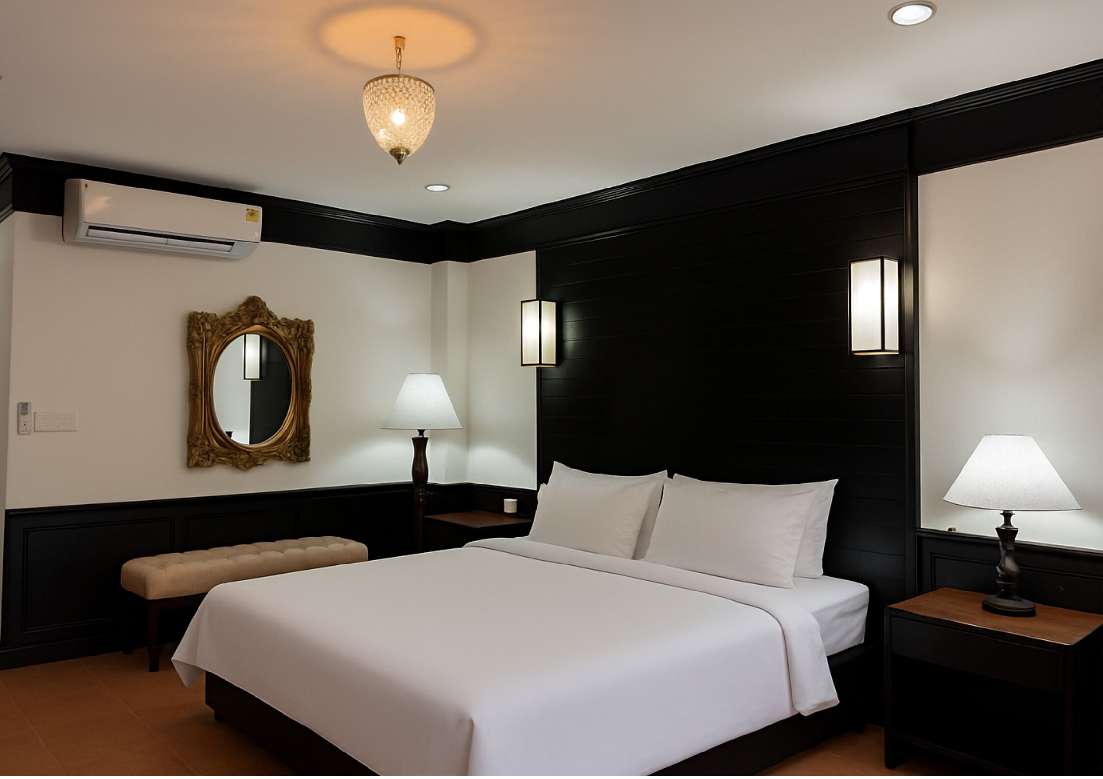 Una habitación de hotel con una cama grande, dos mesitas de noche con lámparas, un espejo redondo, un equipo de aire acondicionado y un candelabro.