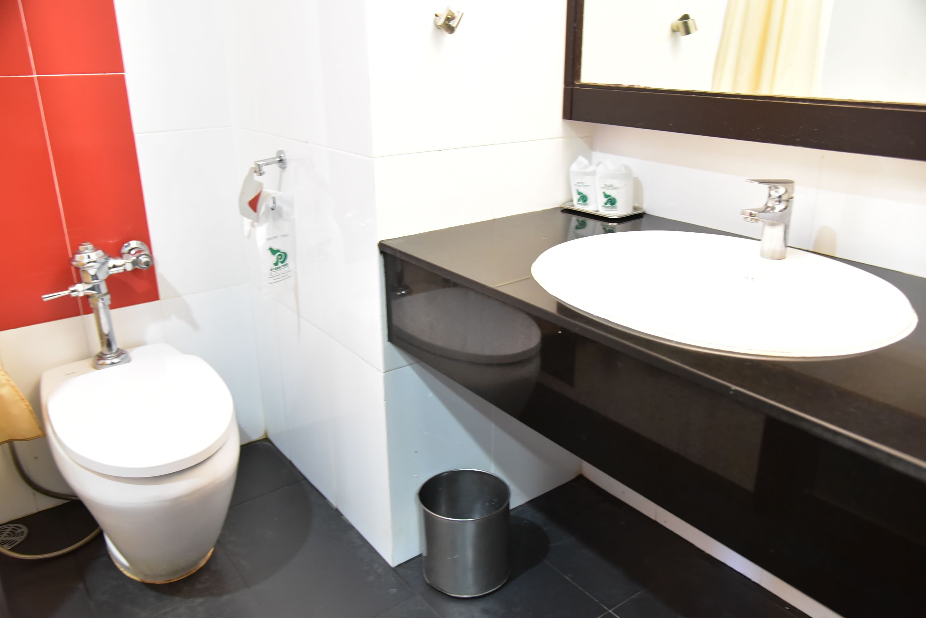 A modern bathroom with a white toilet, a black sink, and a mirror above the sink.