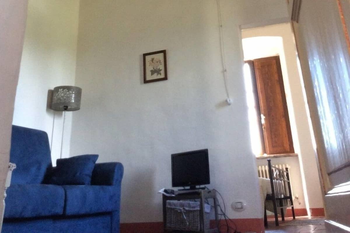 Ein Zimmer mit hoher Decke, das ein dekoratives Fresko, ein blaues Sofa, einen Fernseher auf einem Beistelltisch und ein gerahmtes Bild zeigt.