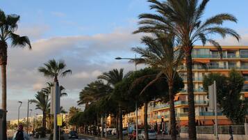 A street lined with palm trees and a multi-story building with balconies.