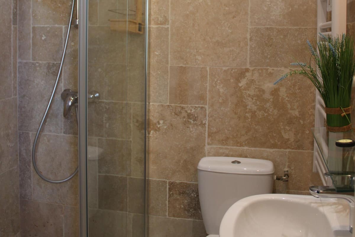 Shower, free toiletries, hair dryer, towels