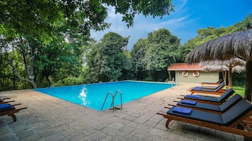 Kolam renang outdoor, dengan payung kolam renang dan kursi berjemur