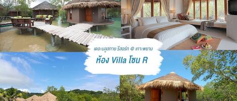 A resort with overwater bungalows, a pool, and a bedroom with a bed and a TV.