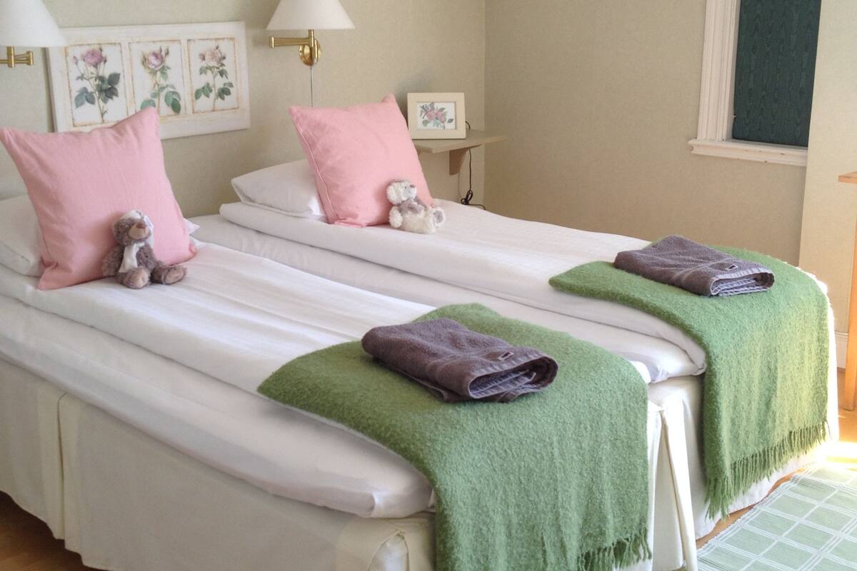 A room with two single beds, each with a green blanket and pink pillows. There are wall-mounted lamps and framed floral artwork above the beds.