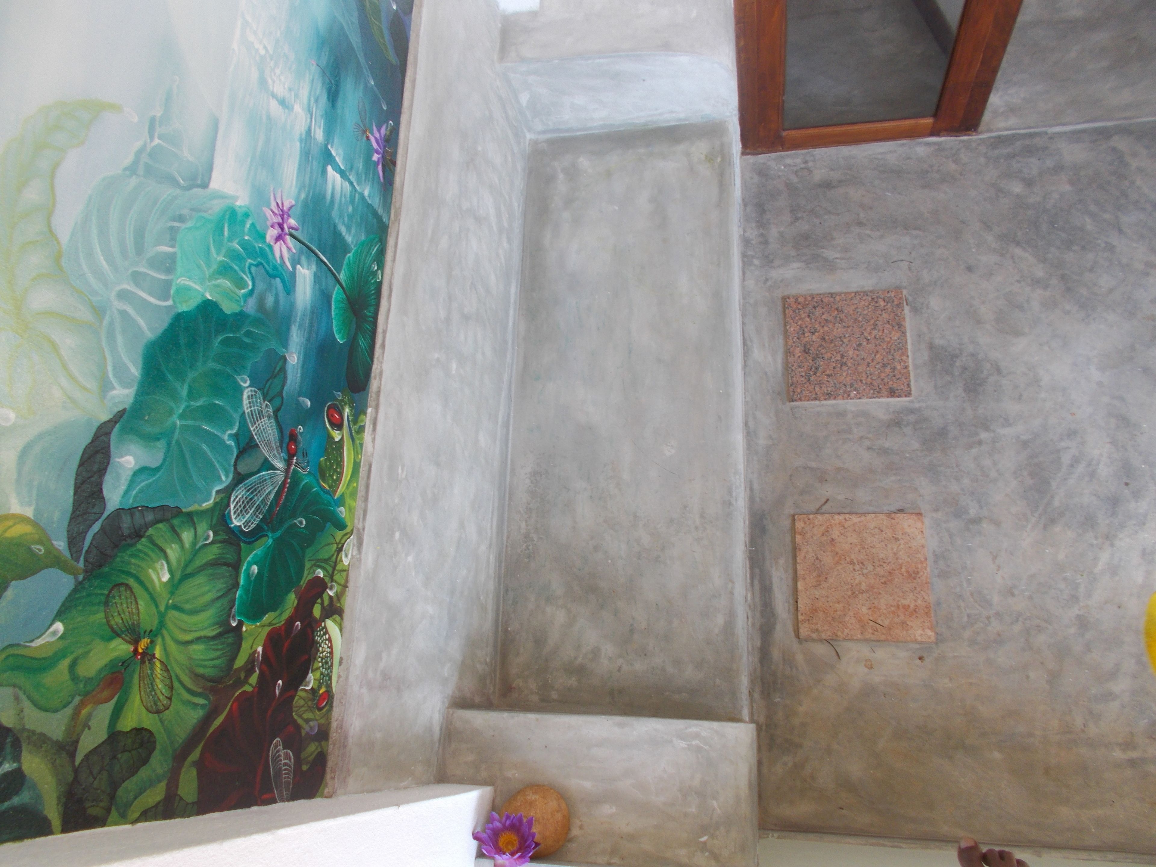 A room with a mural of a tropical scene, a small step leading to a door, and a stone wall with a textured pattern.