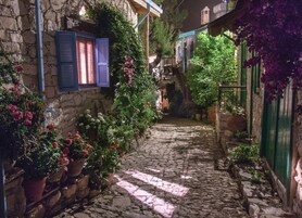 Una estrecha calle empedrada flanqueada por edificios de piedra con contraventanas, plantas en macetas y una valla verde.