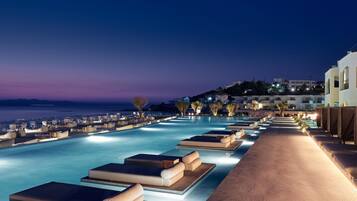 Outdoor pool, pool umbrellas, pool loungers