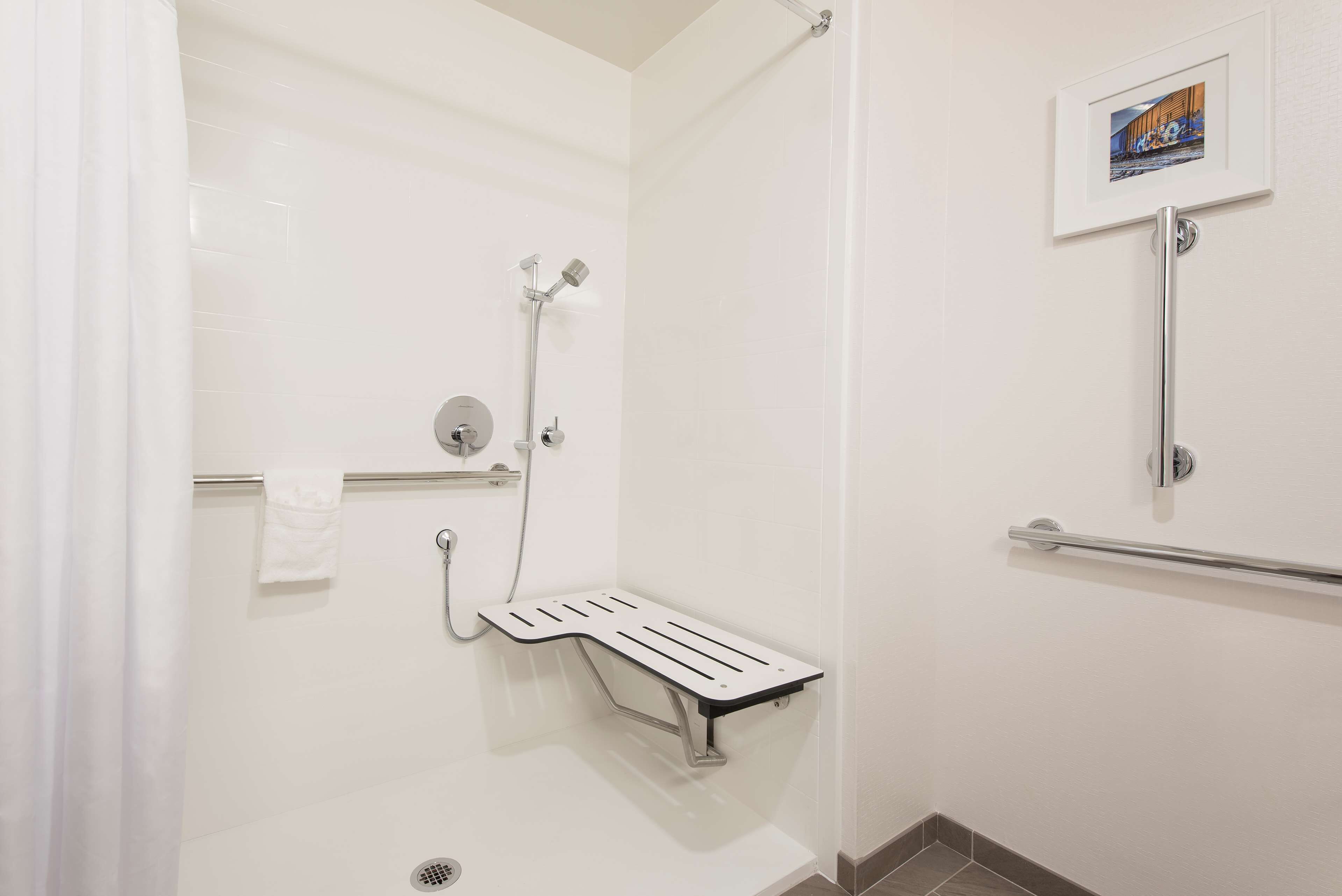 A modern bathroom with a shower, grab bar, and a framed picture on the wall.
