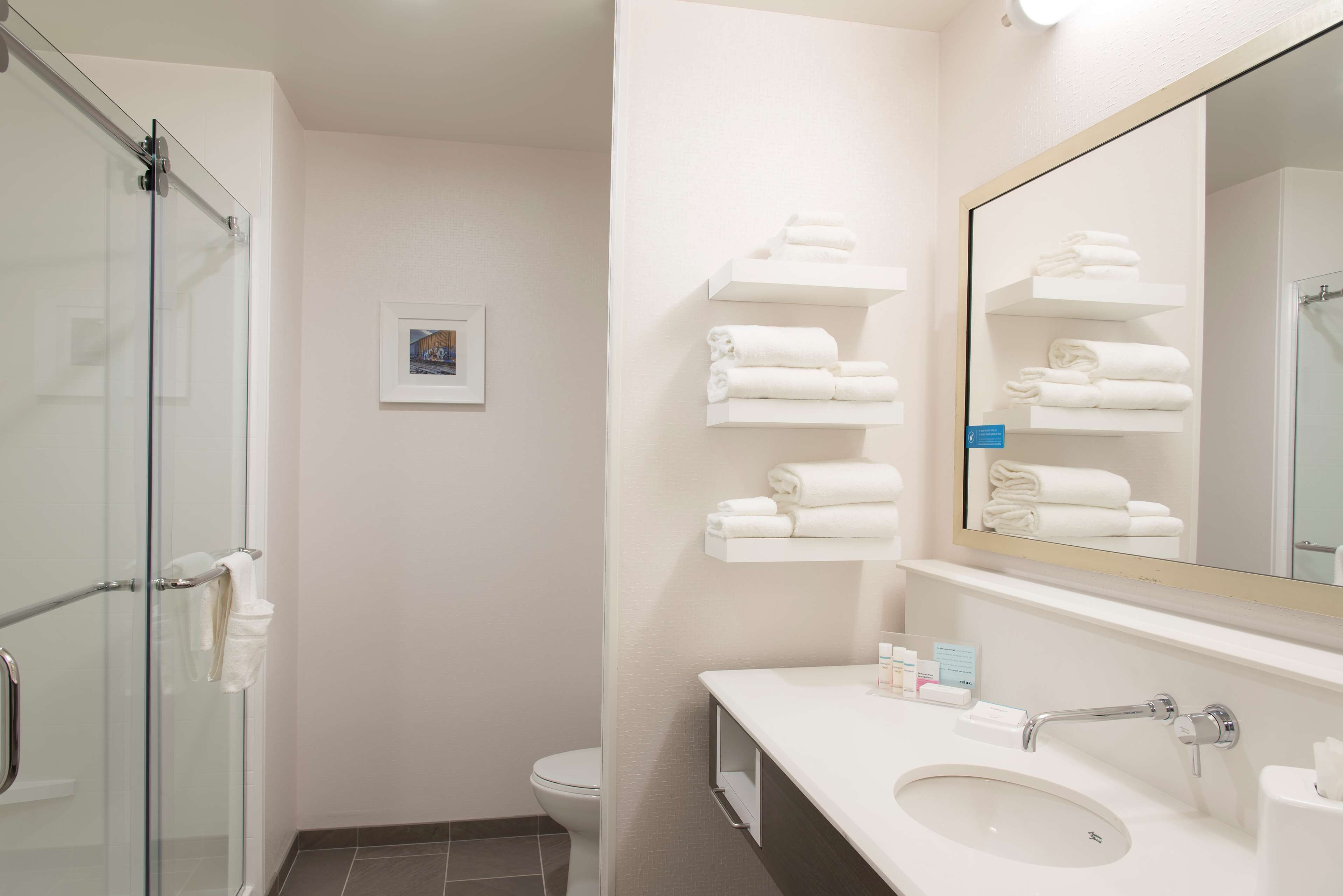 A bathroom with a glass shower door, a toilet, a sink with a mirror, and shelves with folded towels.