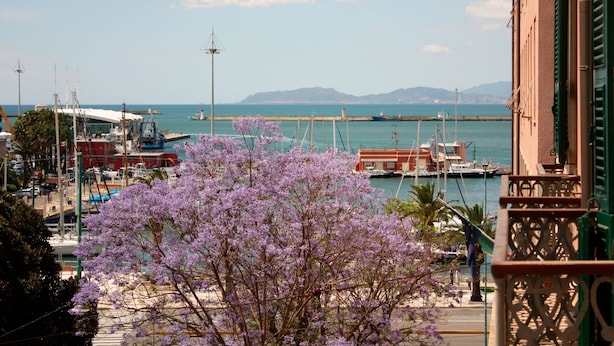 A marina with boats docked, a clear sky, and mountains in the distance. - Ca' del Sol (Cagliari)