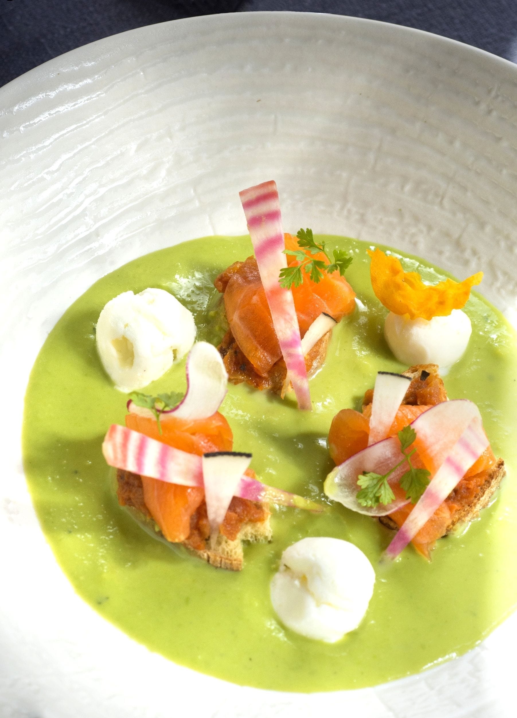 A white plate with a green sauce, salmon, radish slices, and a garnish.