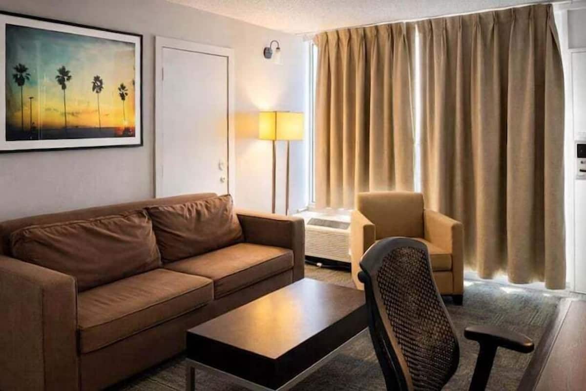 A hotel room with a brown sofa, a small table, a chair, a lamp, and a painting of palm trees.