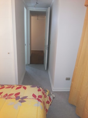 A narrow hallway with a carpeted floor leading to a door at the end.