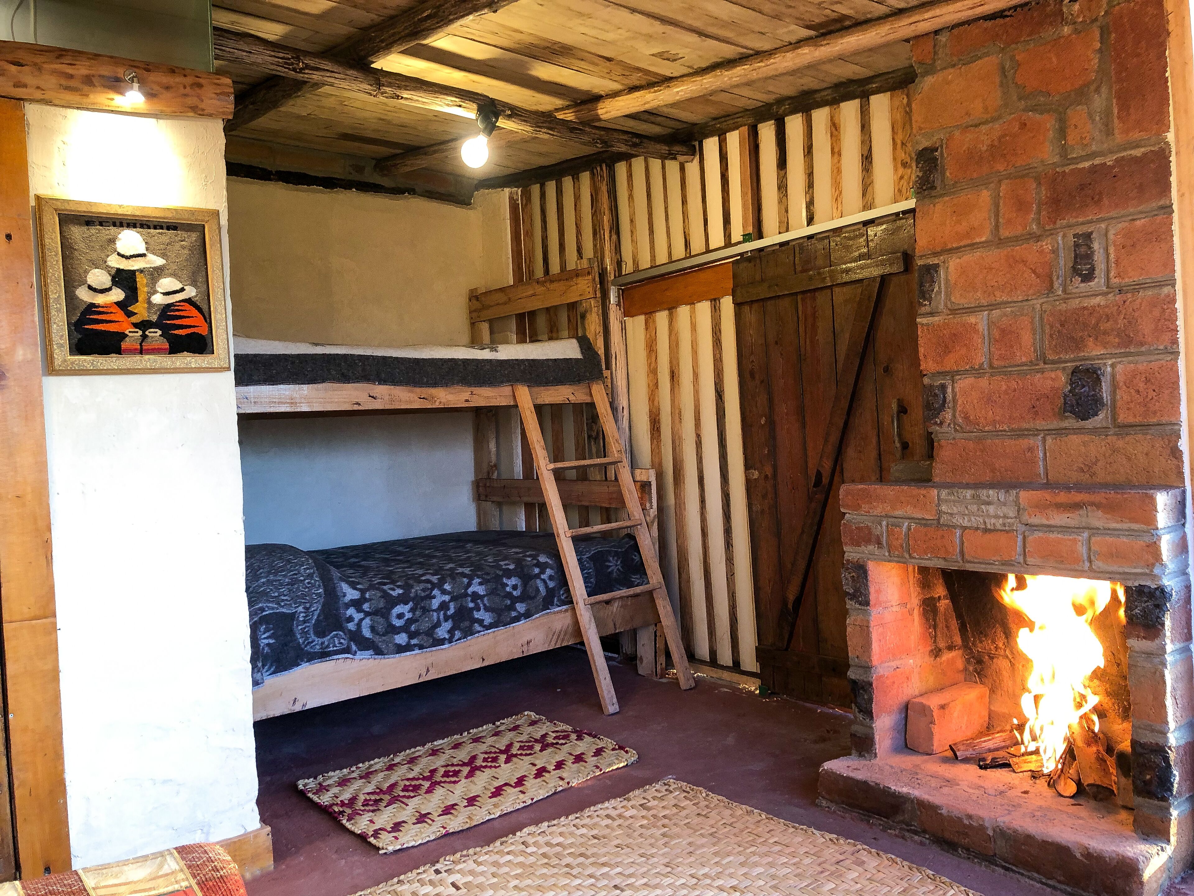 A rustic room with a brick fireplace, a wooden ladder, and a bunk bed.