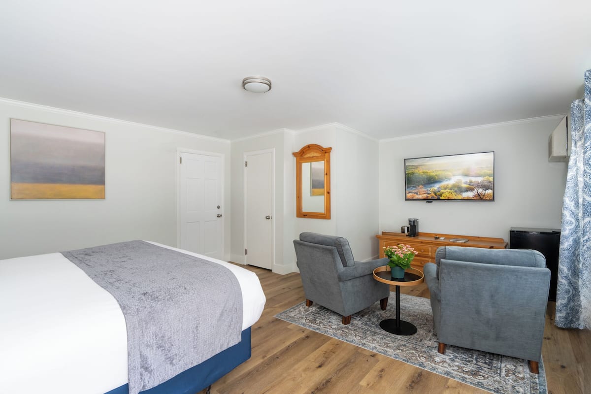 A bedroom with a bed, two armchairs, a small table with a plant, a mirror, and a painting on the wall.