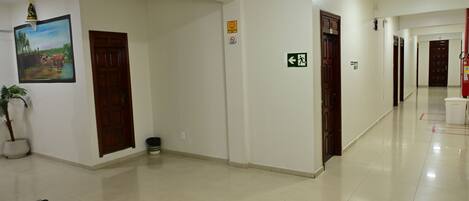 Una hall d'albergo con pavimento piastrellato, porte in legno, una pianta in vaso, una panca e un quadro appeso al muro.