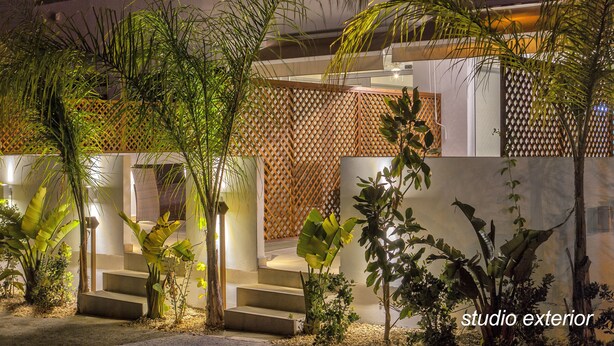 Un espace extérieur moderne, agrémenté d’un escalier menant à un bâtiment, et entouré de diverses plantes ainsi que d’une clôture en treillis de bois.