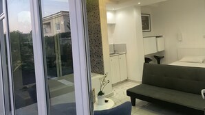 Un salon moderne avec un canapé, une petite table sur laquelle est posée une plante, et un coin cuisine équipé de placards et d’un évier.