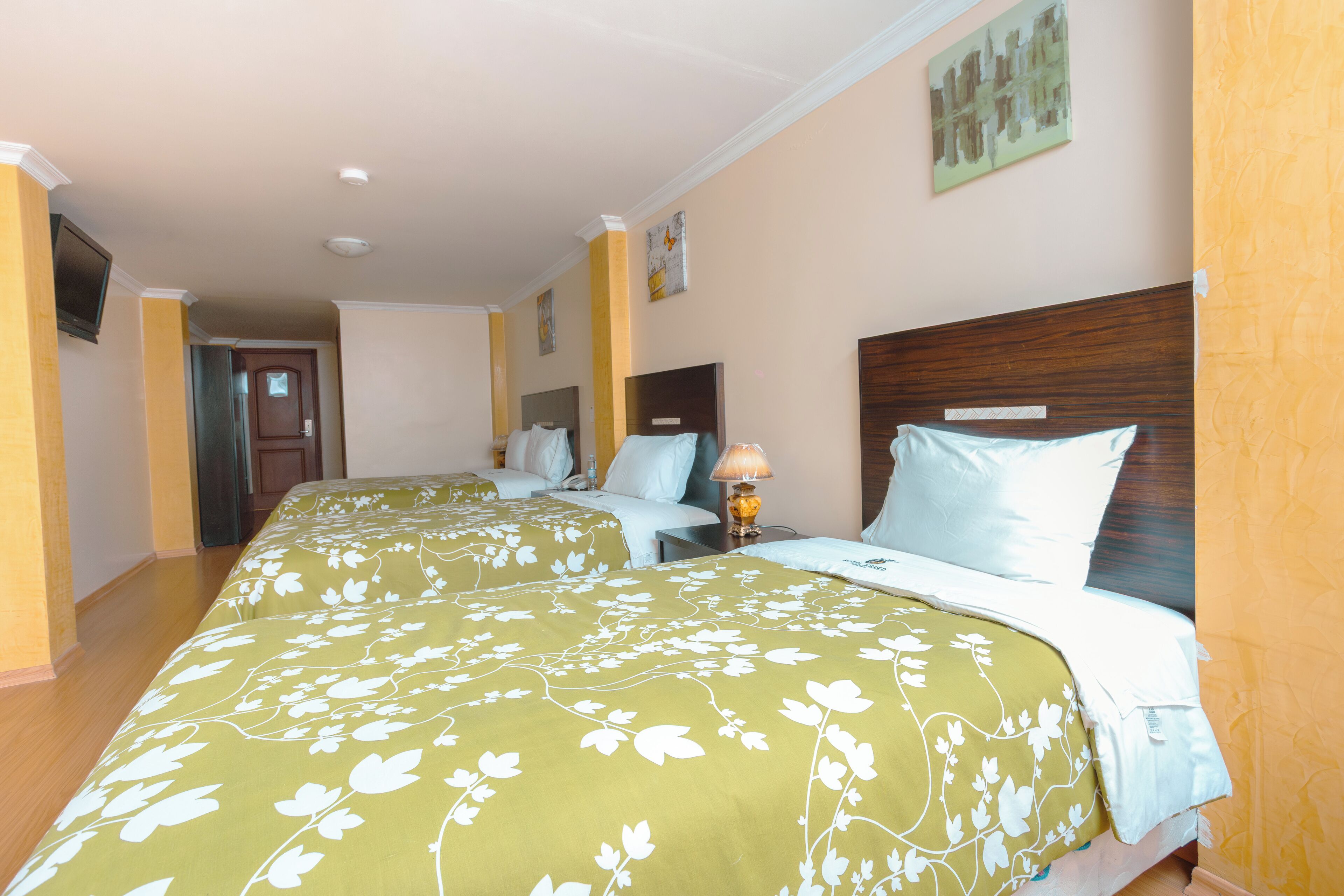 A hotel room with a large bed, a bedside table with a lamp, and a television mounted on the wall.