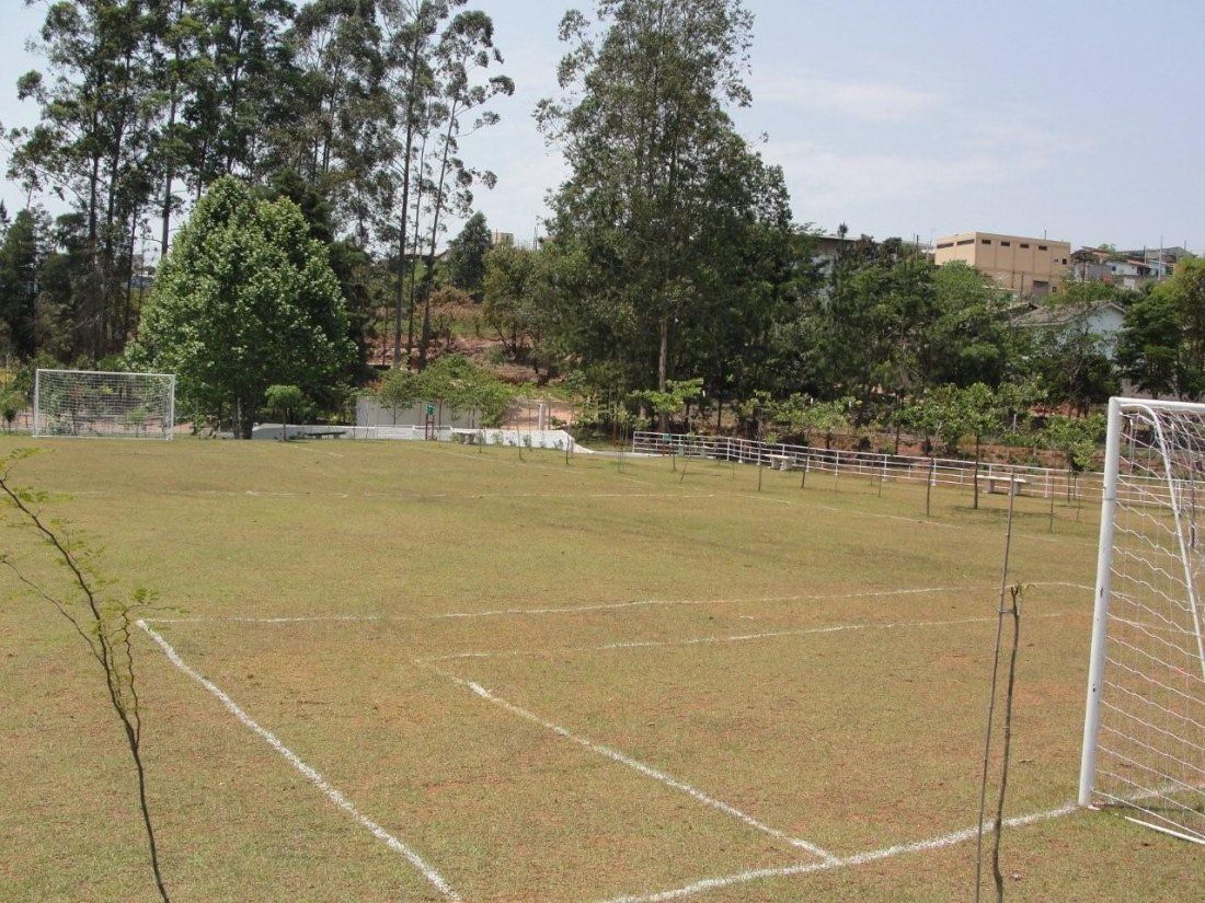Um campo de futebol com balizas, árvores e uma cerca.