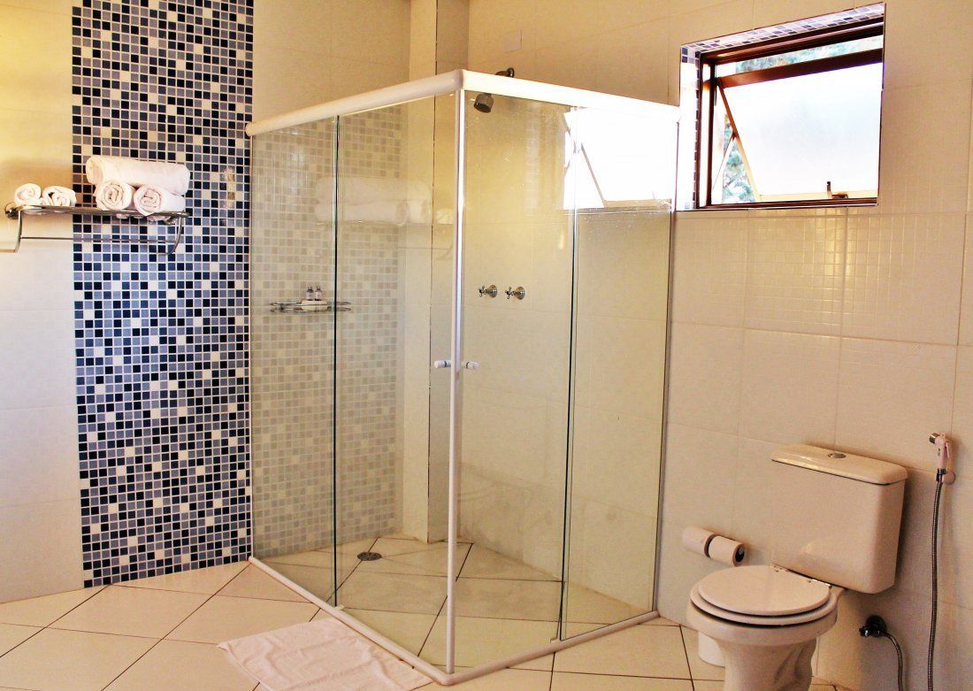 A bathroom with a glass-enclosed shower, a toilet, and a tiled wall with a mosaic pattern.