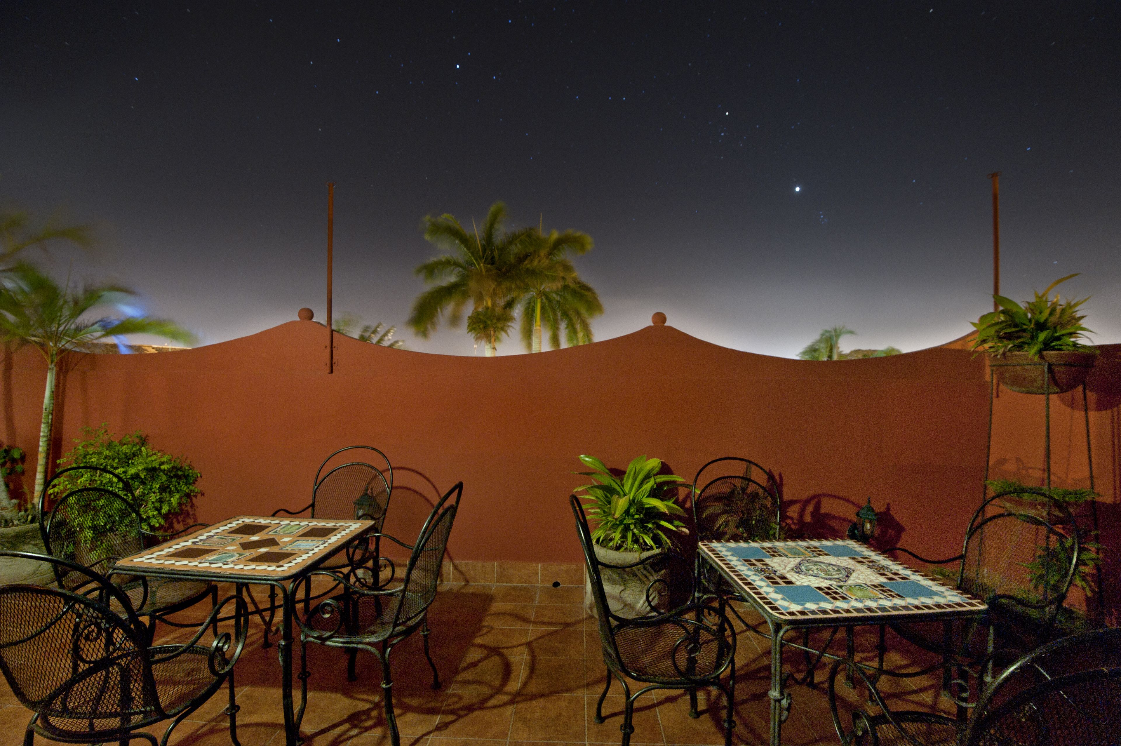 An outdoor patio with metal chairs and tables, palm trees, and a starry night sky.