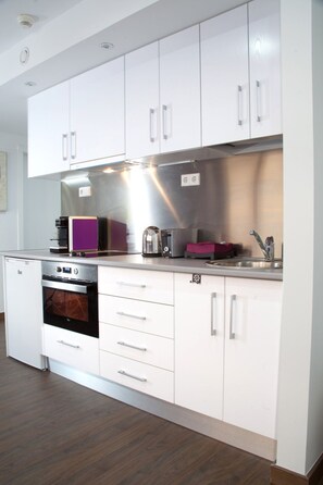 城市公寓, 1 间卧室, 城市景观 | 私人厨房 | 大冰箱、微波炉、烤箱、炉灶