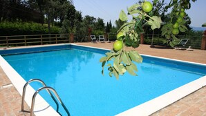 Une piscine avec un escalier en métal, entourée d’une terrasse en briques et d’une clôture.