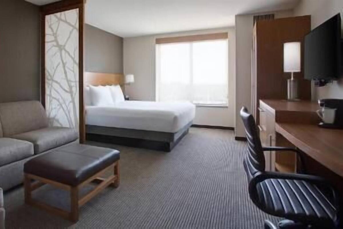 A hotel room with a bed, a sofa, a desk, and a television.