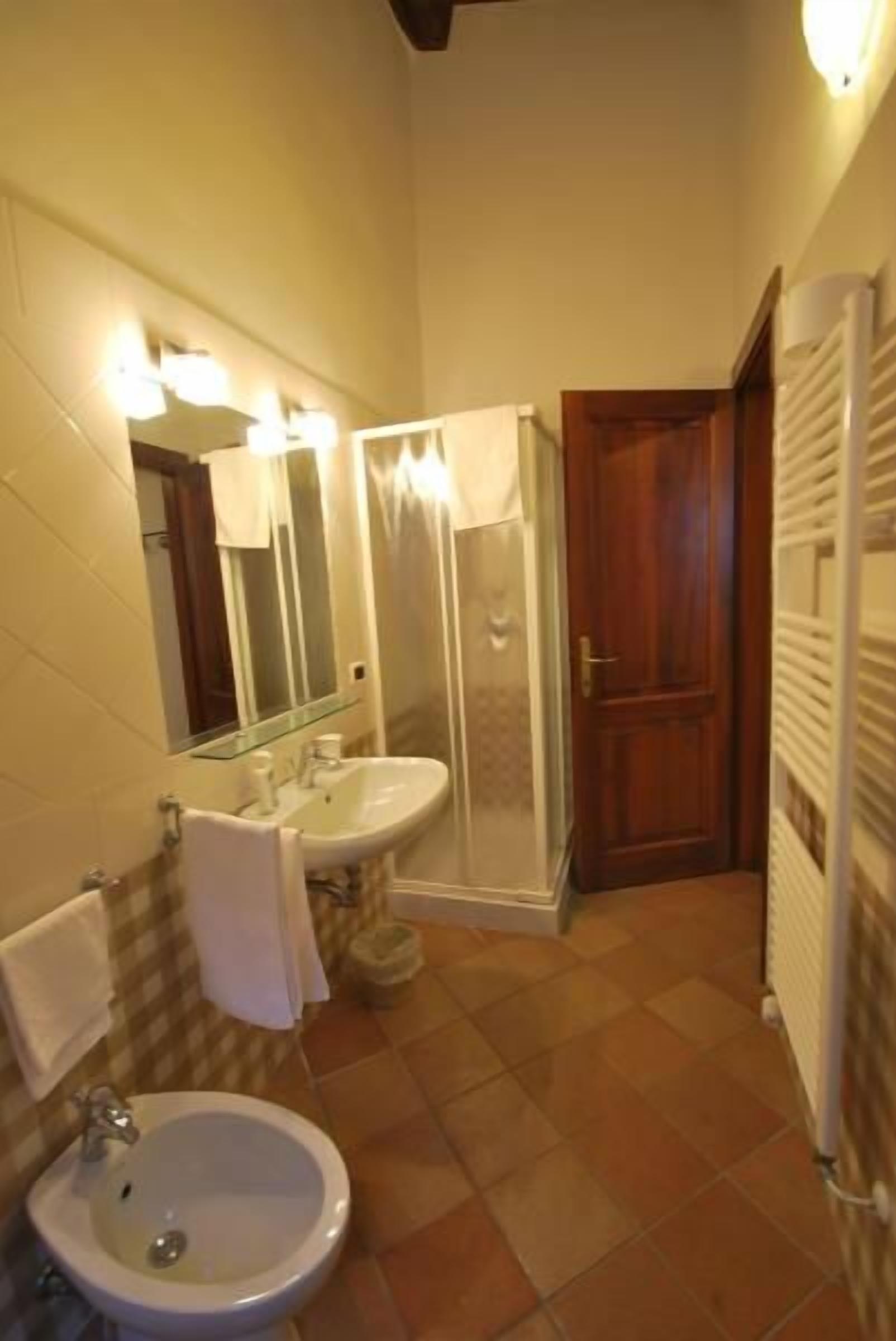 A bathroom with a sink, mirror, and shower.